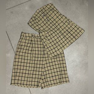 Ganni Check Suiting Strapless Top and Relaxed Pleated Short Set